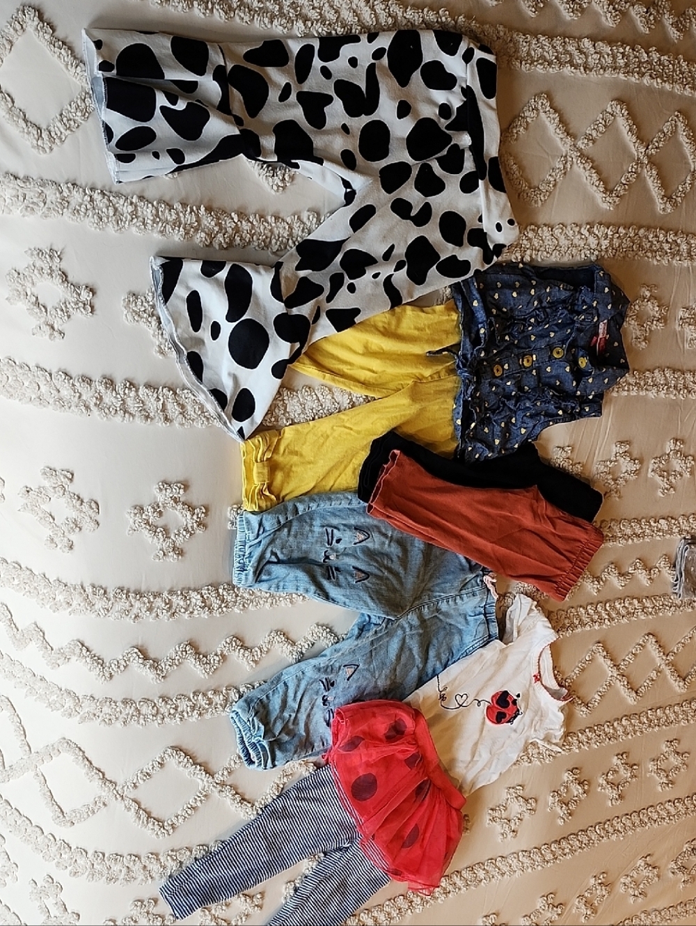 12 Mo Bundle H&M, Carter's + More. Cow Print Bell bottoms, Lady Bug, Denim, Sets